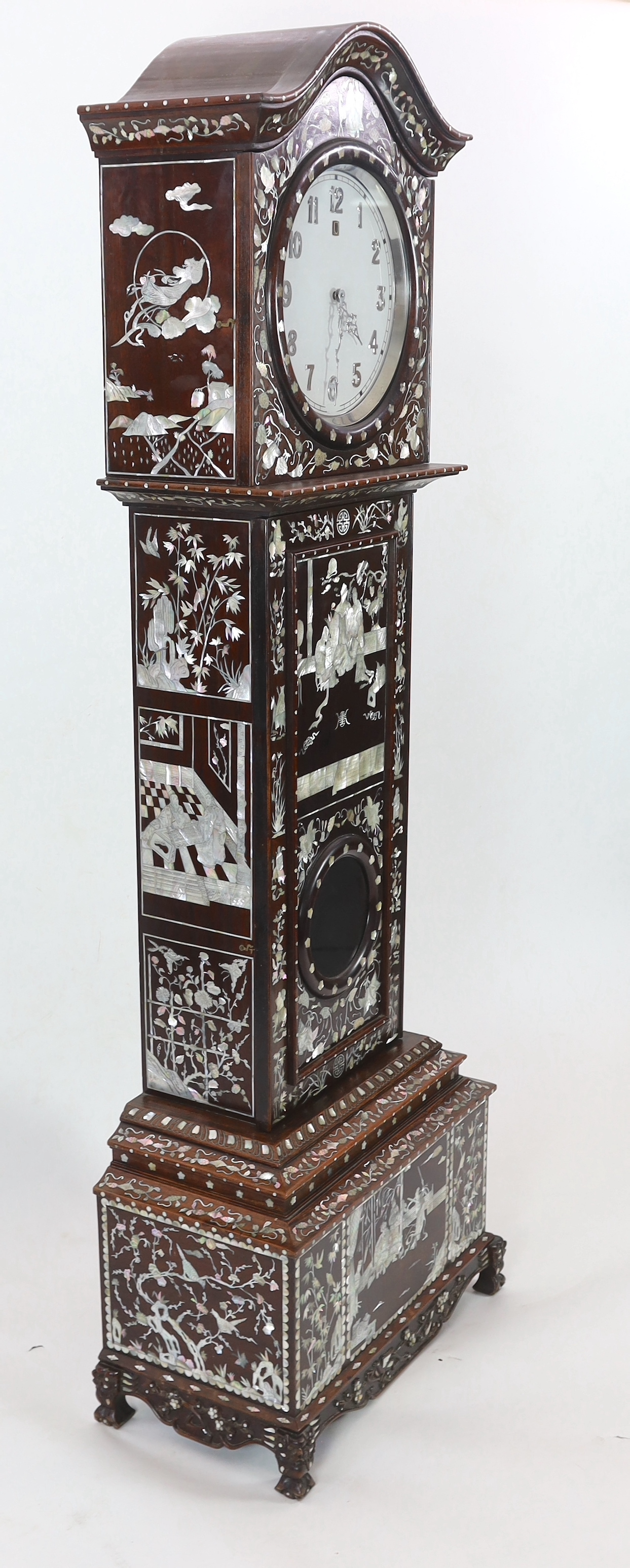 A Chinese hardwood and mother-of-pearl inlaid longcase clock, mid 20th century